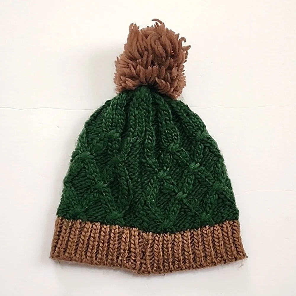 Artic Paw Kids Forest Green & Chocolate Brown Soft Clean Cable Knit Warm Hat